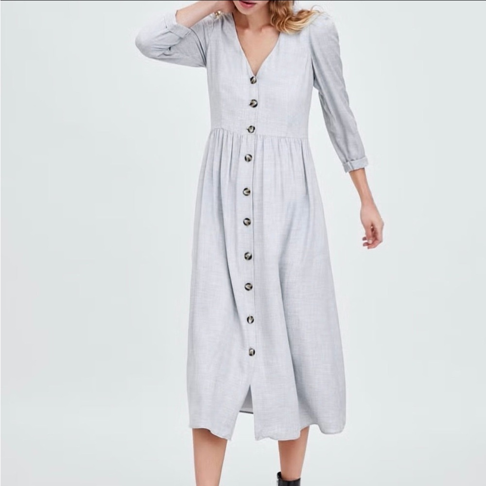 Zara Trf Collection Gray Button-Down Vee-Neck Lined Midi W/Pockets Small